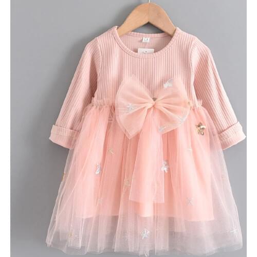Baby Dress 2021 Spring Autumn New Children Mesh Patchwork Princess Dress with Bowknot Baby Girls Solid Casual Dresses 6-24M