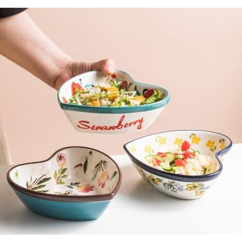 EECAMAIL Hand-painted Heart Plate Pudding Bowl Baking Bowl Ceramic Baked Rice Bowl Salad Bowl Cereal Bowl Breakfast Heart Bowl