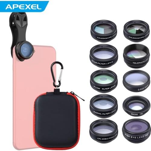 APEXEL 1 Set Lens 10 in 1 Phone Camera Lens Kit Fish Eye Wide Macro Star Filter CPL Lenses for iPhone XS Mate Samsung HTC LG