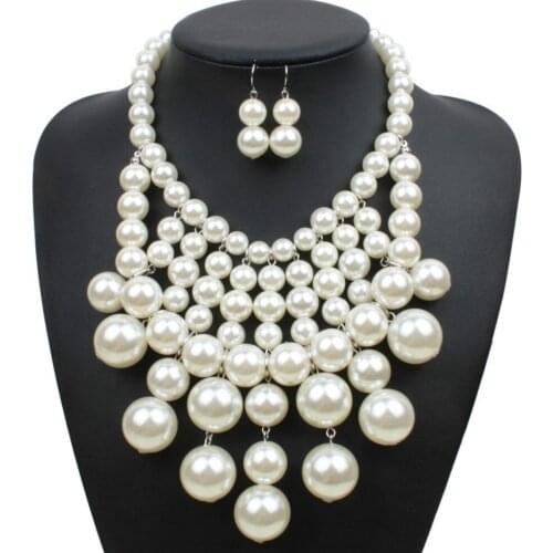 New Luxury Fashion Big Round Beads Pendant Tassel Necklace Set and Earrings Temperament Imitation Pearl Jewelry Sets for Women