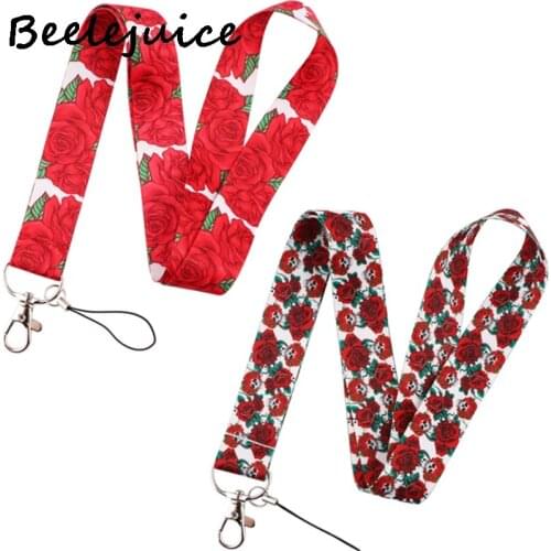Red Rose Flowers Keychain Lanyards Id Badge Holder ID Card Pass Gym Mobile Phone Badge Holder Key Strap Webbings Ribbons Gifts