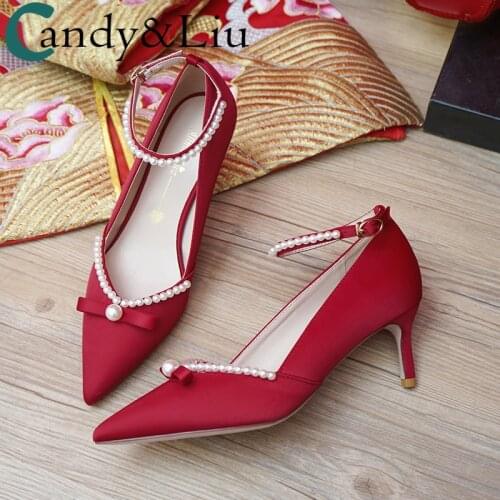 Red Shoes Bride Wedding Party Satin Lovely Bow Sweety Pearls Buckle Strap Belt Wonderful Cute Slim 6cm Heels Female New Pumps