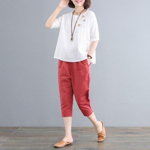 Summer Clothes 2021 Loose White Embroidered Short Sleeve Top + Pants Suits Cotton Linen Two Piece Sets Womens Outfits Y157