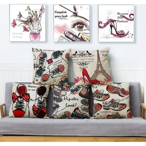 Fashion Girl Cartoon Cosmetic Print Cushion Cover Beige Linen Pillow Covers 45*45 Throw Pillows Cases Sofa Home Decor Pillowcase