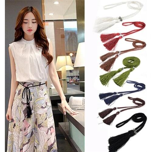 Fashion Women Thin Skinny Waistband Weave Braided Tassel Belt Dress Accessory
