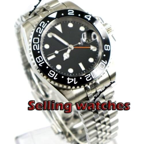 40mm Parnis Black Sterile Dial black Ceramic Bezel Jubilee Style Strap Orange GMT date window automatic mens watch