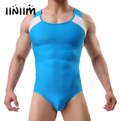 Mens Singlet Boxer Leotard Bodysuit Trendy Sports Fitness Color-blocking Swimsuit Sleeveless Round Neckline Jumpsuit for Summer