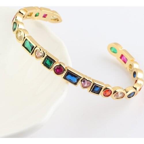 New Design Elegant Opening Cuff Bangle & Bracelet For Women Charm Gold Color Heart CZ Crystal Rainbow Bangles Wedding Jewelry