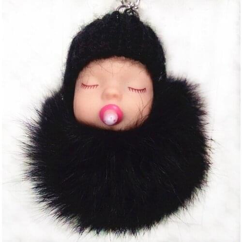 Real Bunny Sleeping Baby pompon Key Chain Cartoon Pacifier Baby Keyring Fake Fur Tassel Bag Charinig Handmade Crafts Party Gifts