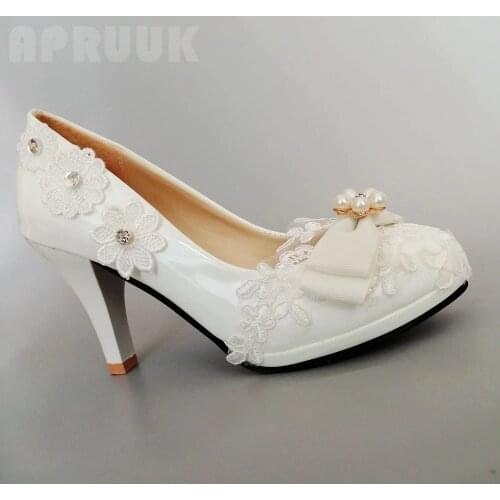 Ivory wedding pumps shoes bride small big size available bow butterfly-knot lace bowtie ladies party banquet dress pumps shoe