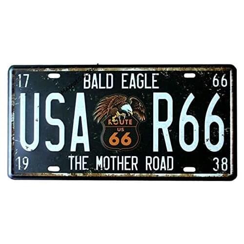 Vintage Auto Tag License Plate Metal Sign,Bald Eagle Route 66 Decoration Retro Tin Sign for Home Kitchen Car Garage Coffee Decor