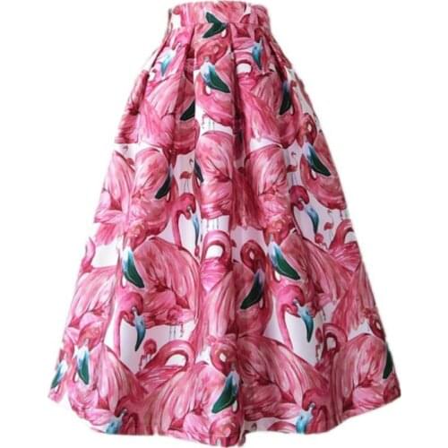 Women Midi a-line Skirts Vintage pink Printed Summer Skirts Ball Gown High Waist Swing Skirts
