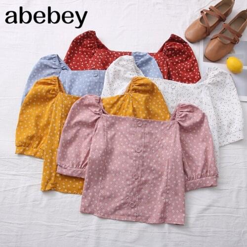 2021 Women Floral Print Short Blouses Square Collar Single Breast Shirt Button Puff Sleeve Short Blouses