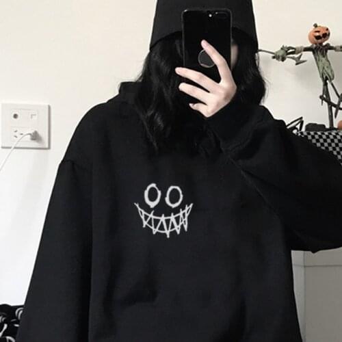 Women Hoody Casual Hoodie Top Sudadera Mujer Kpop O-Neck Autumn punk Sweatshirt vintage clothes long sleeve black cartoon print