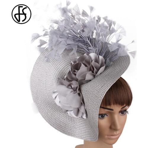 FS Imitation Straw Big Derby Fascinator Hat For Wedding Women White Flower Headpiece Headband Fancy Feather Race Hair Accessorie