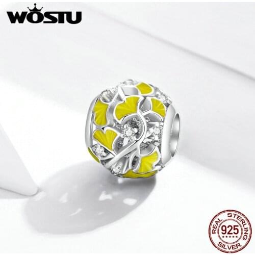 Wostu 925 Sterling Silver CZ Elegant Ginkgo Leaves Original Charm for Brand DIY Jewelry Make for women Girl Gift BSC334