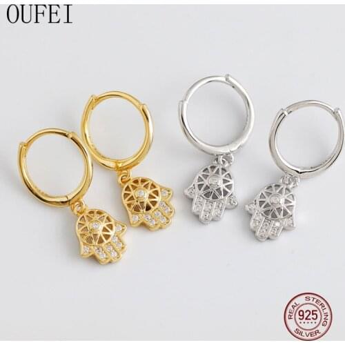 OUFEI Womens Palm Earrings Bohemia Hand Shaped Drop Earrings 925 Sterling Silver Crystal Charm Earrings 2020 New Jewelry