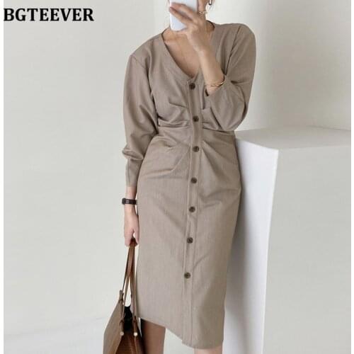 BGTEEVER Stylish Women Single-breasted Mid-length Dress Office V-neck Slim Waist Ruched Female Solid Dress 2020 Autumn Vestidos