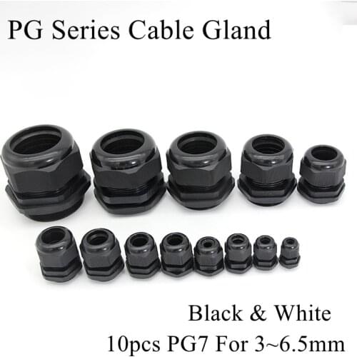 10pc PG7 Cable Gland For 3-6.5mm Wire Cable CE White Black IP68 Waterproof Nylon Plastic Rubber O Ring Seal Gasket Connector