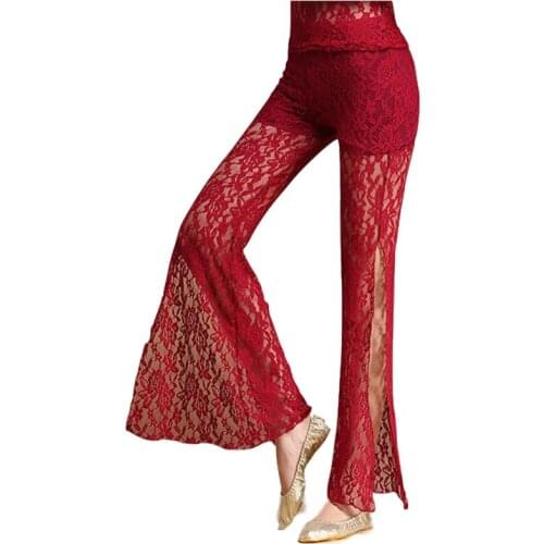 2018 New Belly Dance Clothes Women Dancewear Lace Pants with Shorts Side Split Flare Trousers for Bellydance Sexy