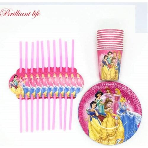 30pcs/lot Disney Six Princess Theme Disposable Decoration Tableware Set Kids Birthday Party Cartoon Paper Cup Plate Straw Supply