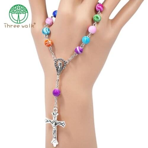 10pcs Top Quality Acrylic Beads Catholic Rosary Bracelet Women Religious Jesus Crucifix Bracelet