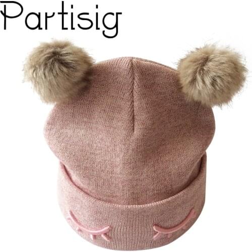 Baby Hat Eye Embroidery Double Pompom Hat For Girls Crochet Baby Girls Cap With Pompom Winter Kids Caps Children Accessories