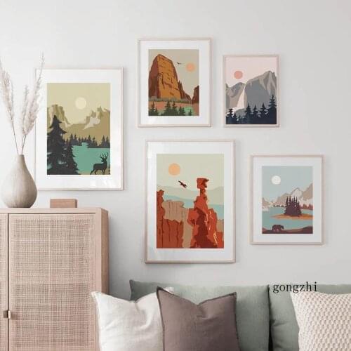 Forest Landscape Eagle Deer Bear Abstract Canvas Painting Wild Animal Posters and Prints Nordic Wall Art Pictures for Home Decor