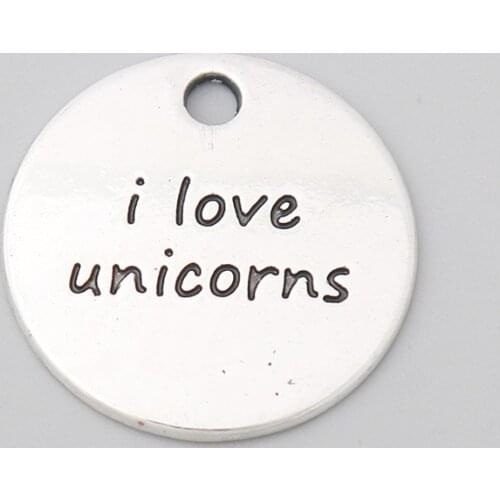 RAINXTAR Alloy Round I Love Unicorns I Love Flamingos Message Pendant Charms For Kids 10pcs 21mm AAC1890