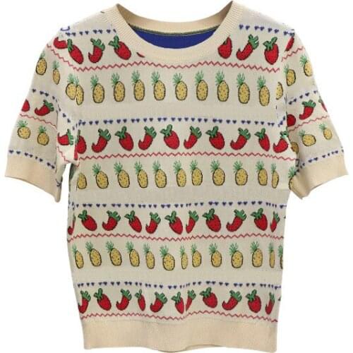 2020 summer women designer fruits pattern knitted sweaters girls sweet short sleeve o-neck sweater t-shirt top JC476
