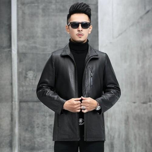 Spring and Autumn New Style Deer Pattern Head Layer Sheep Skin Mens Leather Jacket Mid-length Leather Trench Coat with Lapel Co