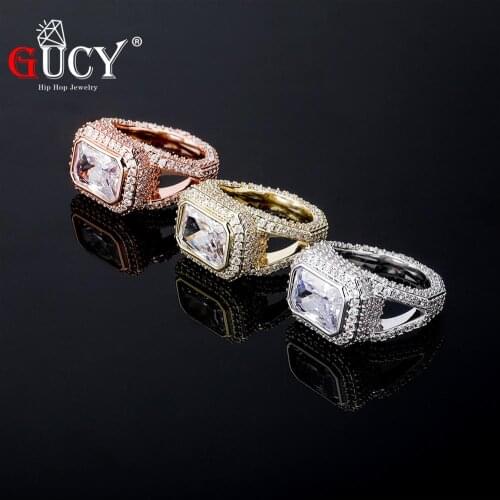 GUCY Mens Ring Copper Material Charm Gold Color AAA Cubic Zircon Iced RING Fashion Hip Hop Jewelry