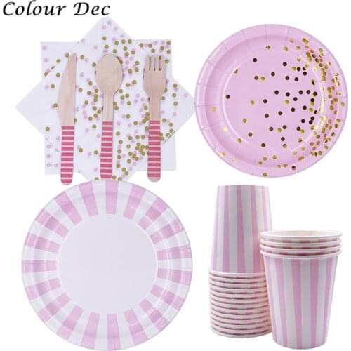 Happy Birthday Disposable Tableware Set Pink Striper Plate Straws Napkins Cup for Baby Shower 1 Year Old Birthday Party Decor