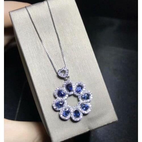 Natural blue sapphire necklace pendant S925 silver natural pendant fashion round Sun flower girlfriend birthday gift jewelry