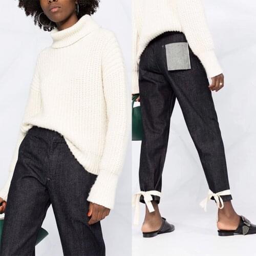 2021 Early Spring New Products Fashion Pocket Bow Knot Straps Close Feet High Waist Thin All-match Jeans