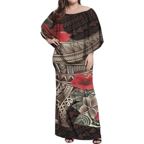 HD 3D Print Elegant Hibiscus Pattern Lady Frill Off Shoulder Dresses Polynesian Island Design Female Sexy Tight Dress 1 MOQ