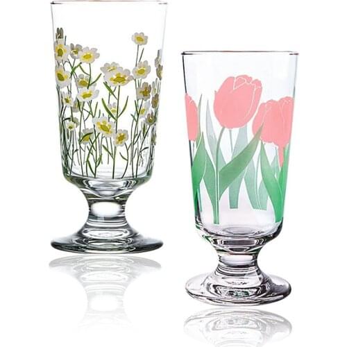 Transparent Tulip Print Glass Cup Creative Little Daisy Beer Juice Water Mug Drinkware Flower Cup Gift For Girls 320ML Glass