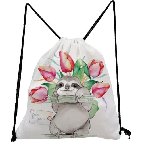 Flowers Sloth Printed Drawstring Backpack Sports Gym Bag Cartoon Women Men Swim Travel Storage Bag Portable Child School Bags