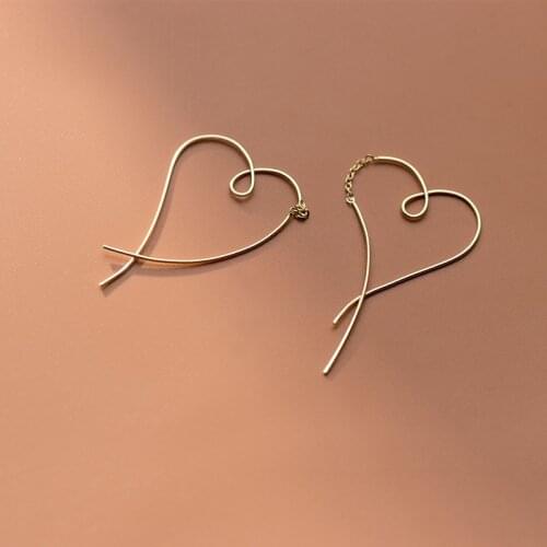 Genuine 925 Sterling Silver Golden Love Heart Shape Dangle Drop Earrings Simple Jewelry for Women