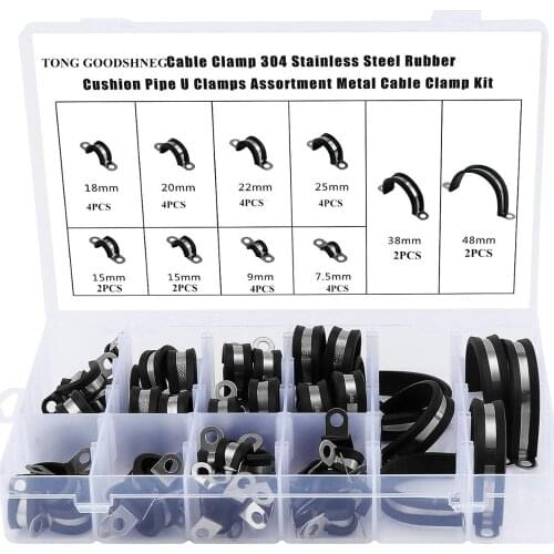 9 Sizes U-Tube Clamps Rubber Cushioned Insulated Metal Clamp 304Stainless Steel U Strap Pipe Rubber Mounting Straps Kit 7.5-48mm