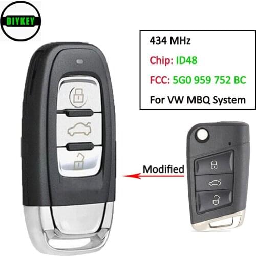 DIYKEY Modified Smart Remote Car Key With 3 Buttons & 434MHz & ID48 Chip - FOB for Volkswagen MQB Golf VII GTI, 5G0 959 752 BC