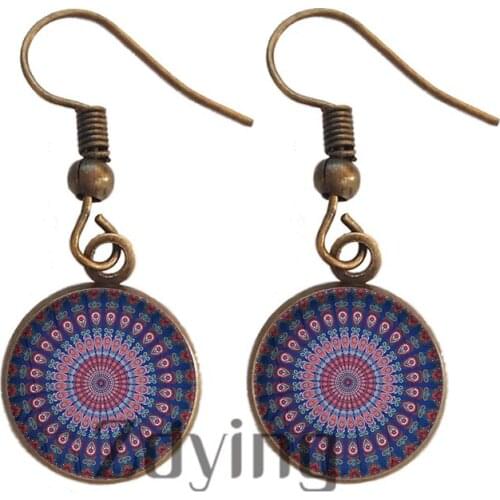 Zdying Vintage India Mandala Flowers Dangle Earrings Glass Kaleidoscope Pattern Cabochon Charm Earring Pendant Jewelry HM076