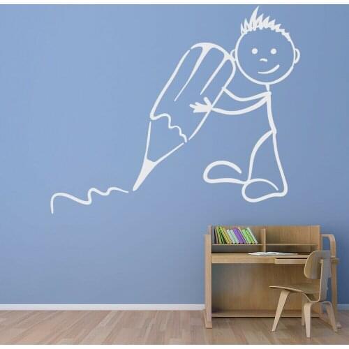 Funny Stickman Classroom Writing Wall Decal Room Decoration Little Boy Holding Pencil to Draw Vinyl Wall Stickers Kids Room A350