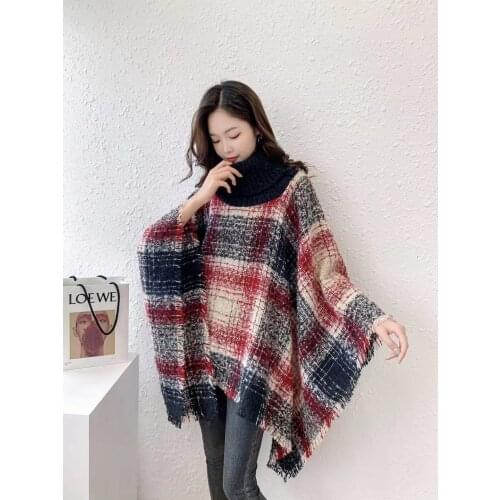 Women Striped Cape Batwing Sleeves High Neck Loose Poncho 2021 Winter Knitted Long Sweater Out Street Big Pendulum Pullover Coat