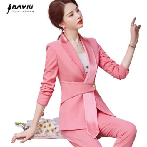 Pink Suits Women New 2021 Autumn High End Temperament Fashion Formal Slim Blazer And Pants Office Ladies Work Wear