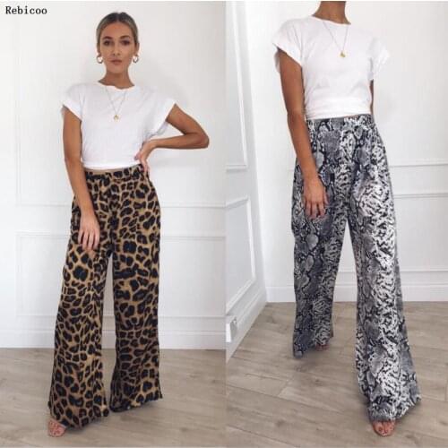Womens Leggings Pants Capris Casual Loose Snakeskin Elastic High Waist Pleated Animal Print Wide Leg Pant