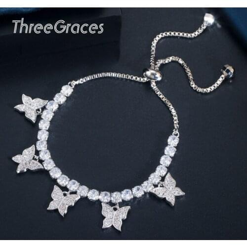 ThreeGraces Adjustable Shiny White Cubic Zirconia Butterfly Shape Silver Color Bracelet Bangle for Women Party Jewelry BR124