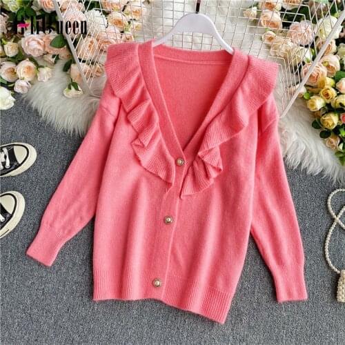 2020 Fall Winter Women Pink Knitted Ruffles Sweater Cardigan Coat Female Vintage Long Sleeve Singel Breated Casual Tops Coats