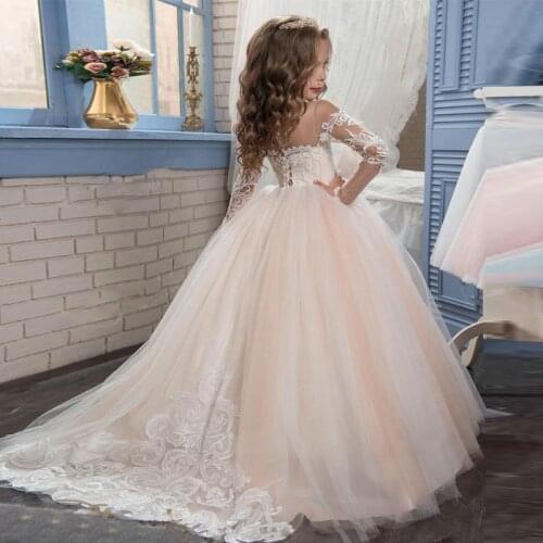 Champagne Lace Flower Girl Dresses Ball Gown Puffy Party Communion Dress For Wedding Long Sleeve Long Pageant Gown Vestido Longo