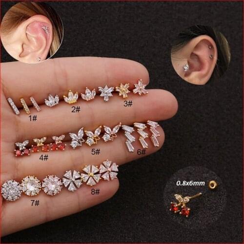 1piece 3 Color Flower Crown CZ Tragus Cartilage Piercing Stainless Steel Ear Stud Piercing Crystal Daith Earring